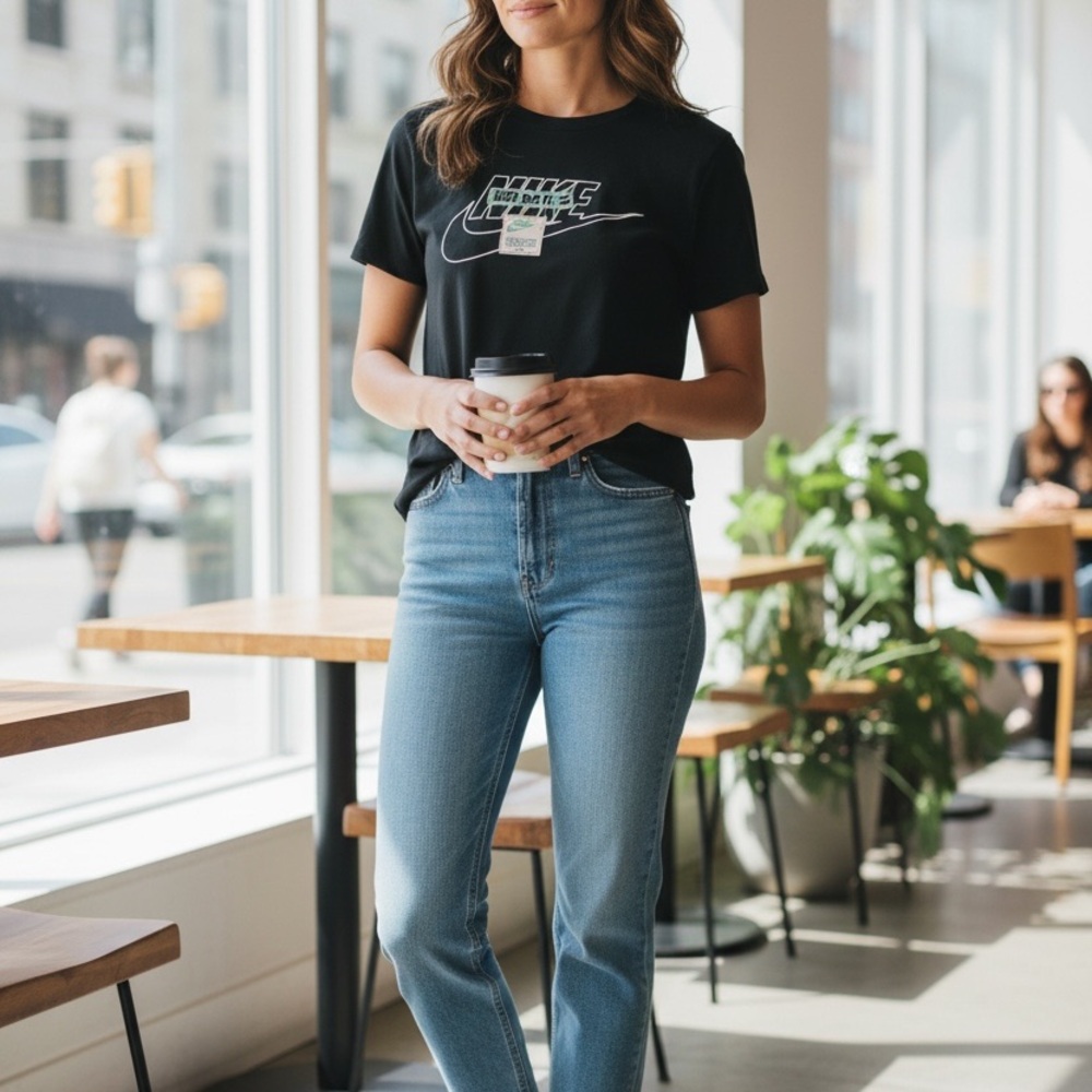 Nike Black Logo Tee with Light Blue High-Rise Jeans